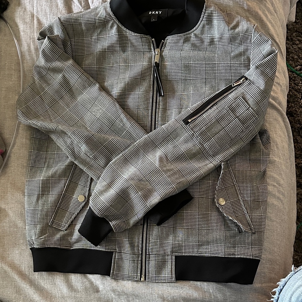DKNYC Black and White Checkered Bomber Jacket